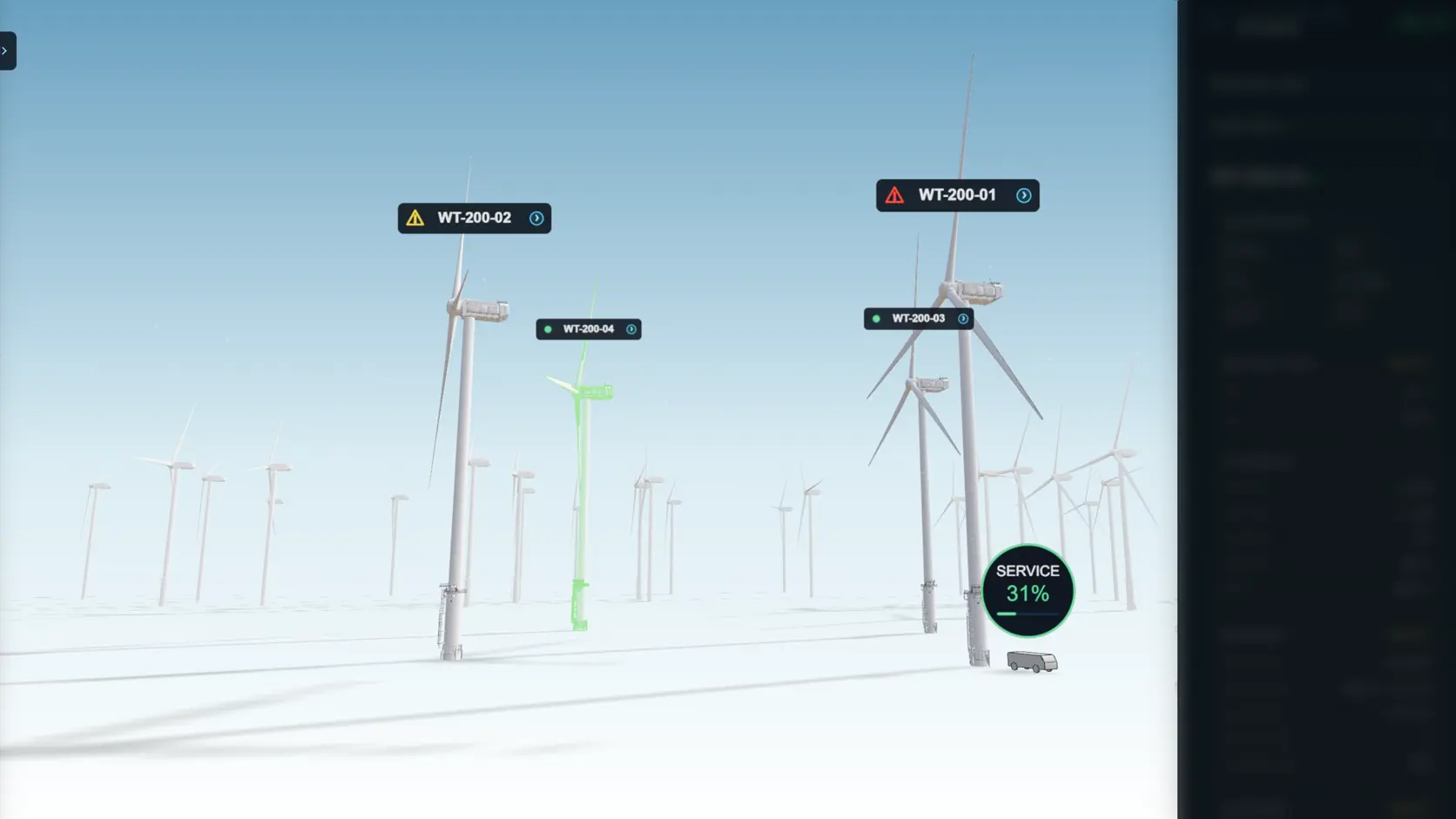 WindTwin animated maintenance vehicle SV-047 servicing a wind turbine